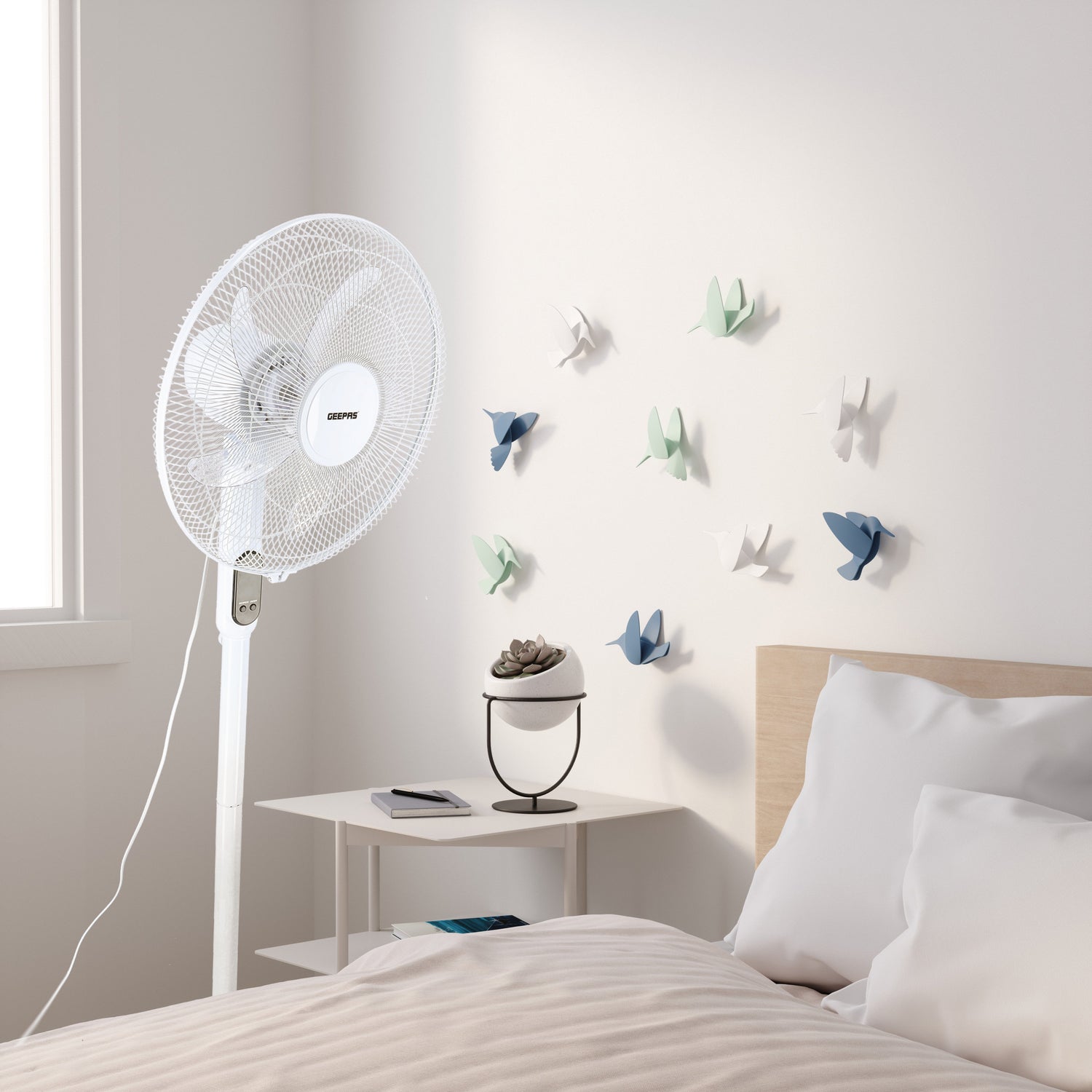 Geepas GF21159 Smart Stand Fan | WiFi & Bluetooth Control | 9-Hour Timer| 3-Speed Setting| 5 Blades| Full Copper Motor| Remote App| Adjustable Height| 2 Years Warranty
