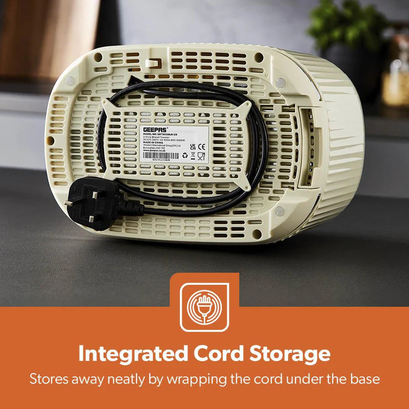 Geepas Fluted Bread Toaster GBT36558UK-CR – 2 Slice, 6 Browning Levels, Removable Crumb Tray, Defrost & Reheat, Ideal for All Bread Types, 2-Year Warranty, Cream