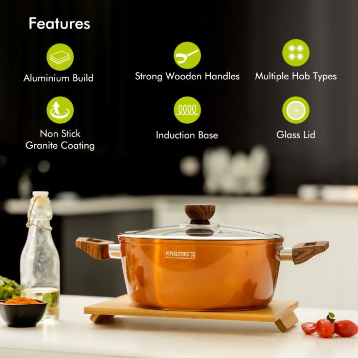 Royalford 10Pcs Aluminium Cookware Set - 3 Layer Granite Coating Saucepan with lid, Fry Pan, Casseroles with Lids, Wok Pan | Cool Handles | Evenly Heating Base | Compatible with Multiple Hobs