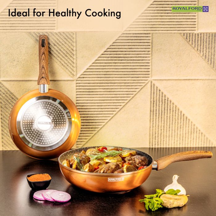 Royalford 10Pcs Aluminium Cookware Set - 3 Layer Granite Coating Saucepan with lid, Fry Pan, Casseroles with Lids, Wok Pan | Cool Handles | Evenly Heating Base | Compatible with Multiple Hobs