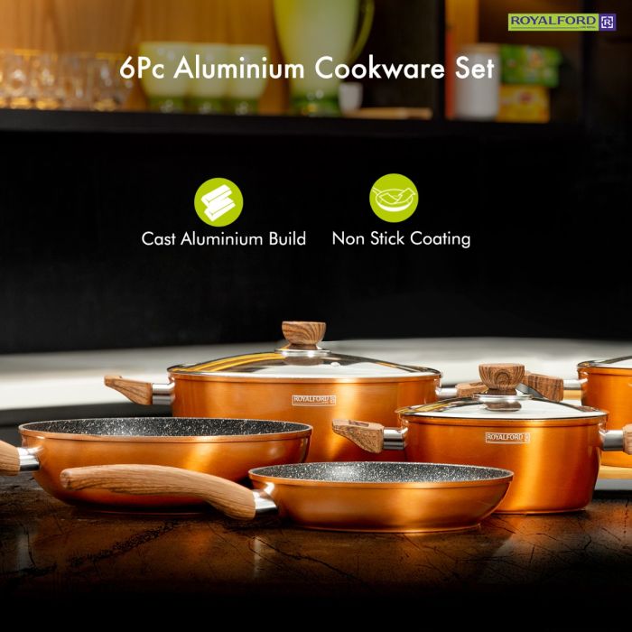 Royalford 10Pcs Aluminium Cookware Set - 3 Layer Granite Coating Saucepan with lid, Fry Pan, Casseroles with Lids, Wok Pan | Cool Handles | Evenly Heating Base | Compatible with Multiple Hobs