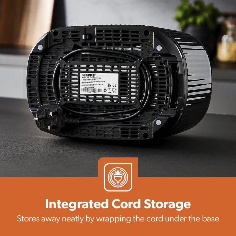 Geepas Fluted Bread Toaster GBT36558UK-BK – 2 Slice, 6 Browning Levels, Removable Crumb Tray, Defrost & Reheat, Ideal for All Bread Types, 2-Year Warranty, Black