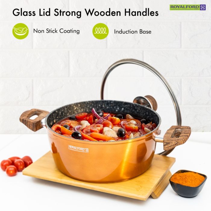 Royalford 10Pcs Aluminium Cookware Set - 3 Layer Granite Coating Saucepan with lid, Fry Pan, Casseroles with Lids, Wok Pan | Cool Handles | Evenly Heating Base | Compatible with Multiple Hobs