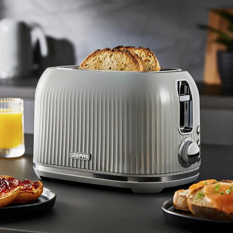 Geepas Fluted Bread Toaster- GBT36558UK-GR/ 2 Slice Slot, with 6 Adjustable Browning Control and Removable Crumb Tray, Defrost and Reheat Button/  2 Years Warranty, Grey