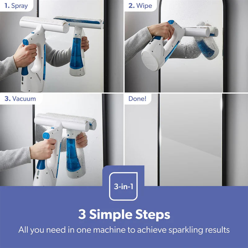 Geepas GWC63065UK Cordless Window Vacuum Cleaner | 3-in-1 Spray, Wipe & Suction| 140ml Water Tank| 3.7V 1500mAh Li-ion Battery| 35-Minute Run Time | 2 Years Warranty