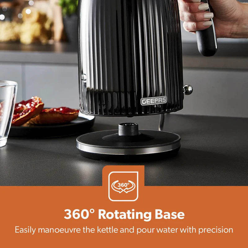 Geepas 1.7L Fluted Black Jug Kettle GK38068UK-BK |  3000W Rapid Boil | 360° Cordless Base | Auto Shut-Off & Boil-Dry Protection | Elegant Design | 2 Years Warranty