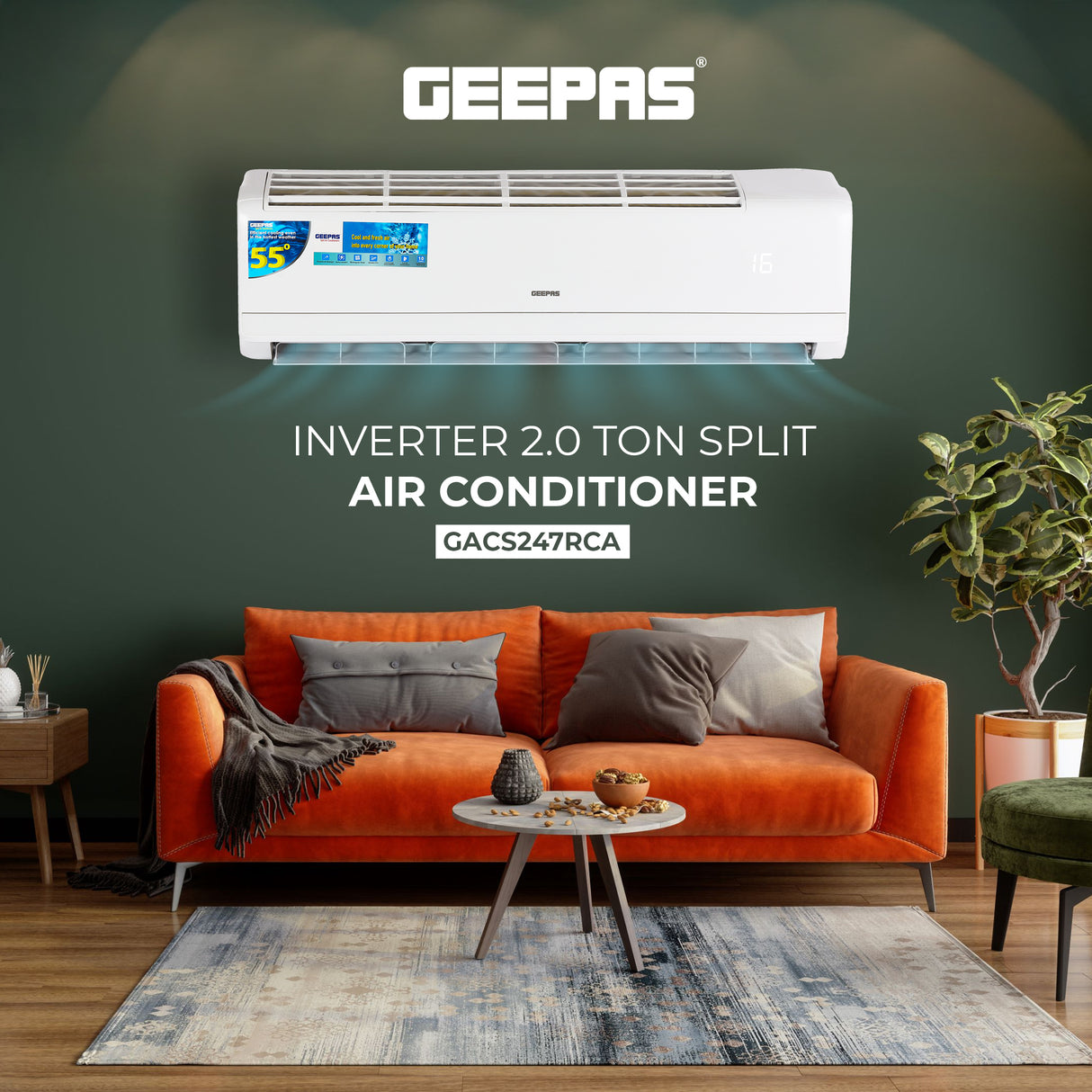 Geepas GACS247RCA 2.0 Ton Inverter Split Air Conditioner | 24000 BTU Cooling Capacity | Energy Efficient & Low Noise Operation |  Modern Design  | 1-Year  Warranty