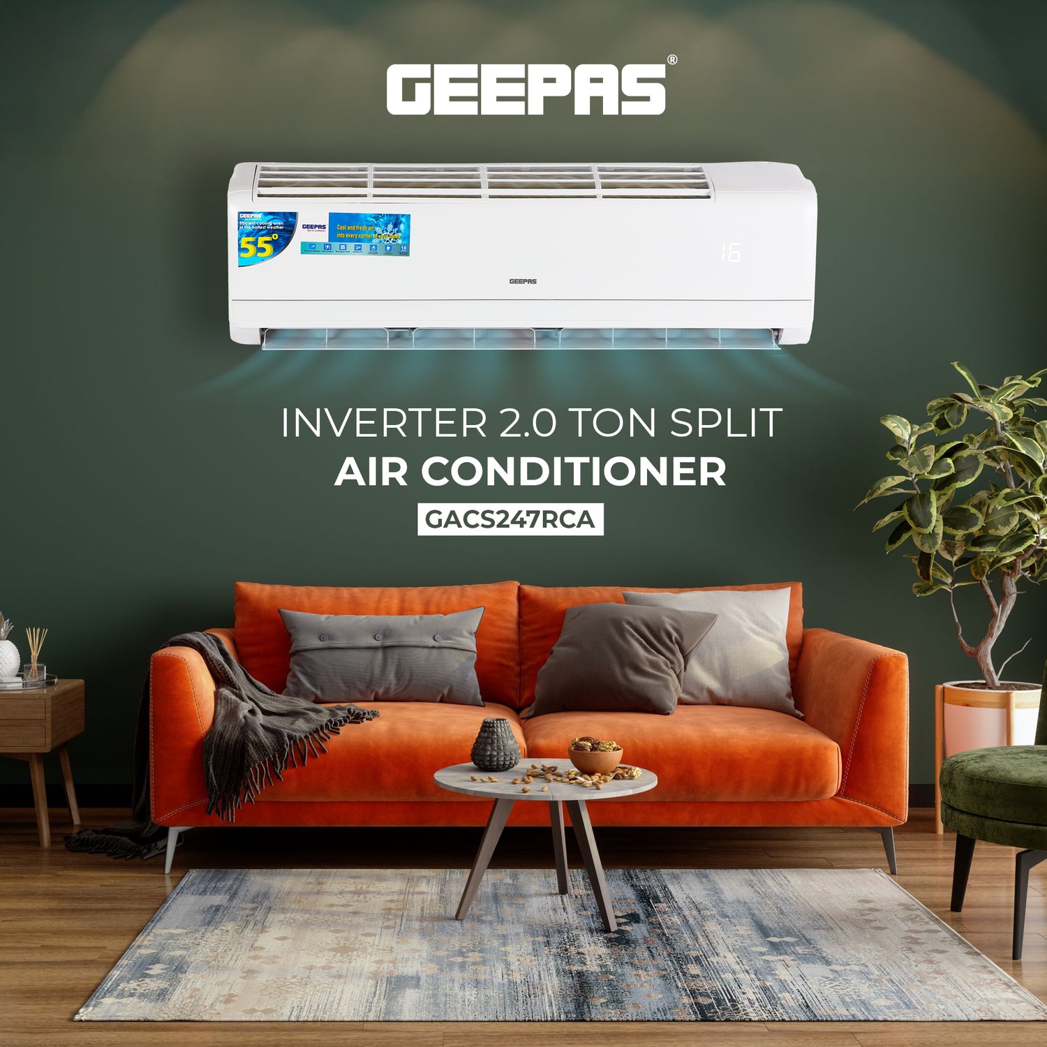 Geepas GACS247RCA 2.0 Ton Inverter Split Air Conditioner | 24000 BTU Cooling Capacity | Energy Efficient & Low Noise Operation |  Modern Design  | 1-Year  Warranty