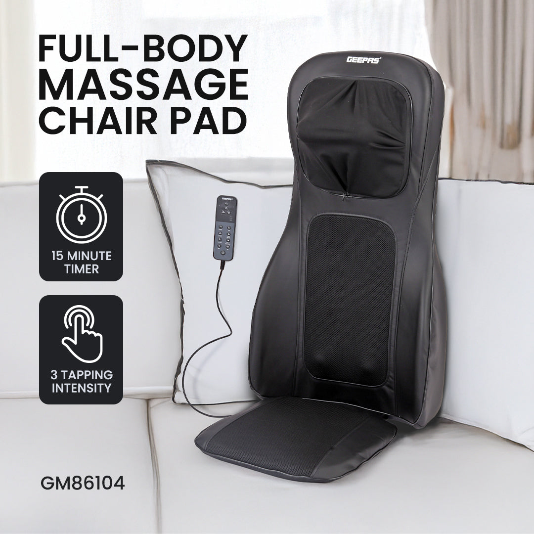 Geepas Full-Body Massage Chair Pad GM86104 | Shiatsu Kneading Massage, Vibration Function, Heating Therapy, Adjustable Intensity, Neck & Back Relaxation Cushion