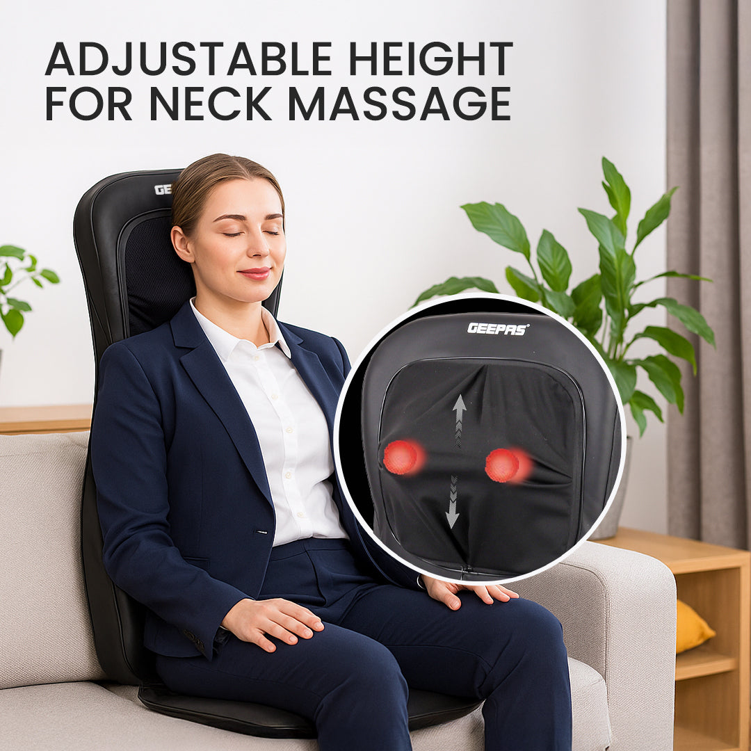 Geepas Full-Body Massage Chair Pad GM86104 | Shiatsu Kneading Massage, Vibration Function, Heating Therapy, Adjustable Intensity, Neck & Back Relaxation Cushion