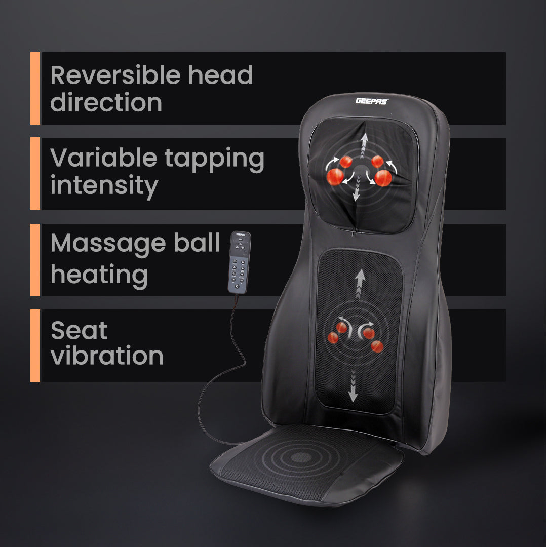 Geepas Full-Body Massage Chair Pad GM86104 | Shiatsu Kneading Massage, Vibration Function, Heating Therapy, Adjustable Intensity, Neck & Back Relaxation Cushion