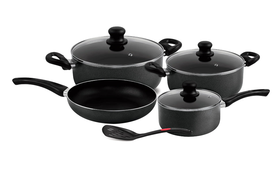 Royalford 8Pcs Non-Stick Cookware Set, 2.5mm Body Thickness, RF4999 | Scratch Resistant, Tempered Glass Lids | Bakelite Knobs and CD Bottom | Suitable for Multiple Hobs