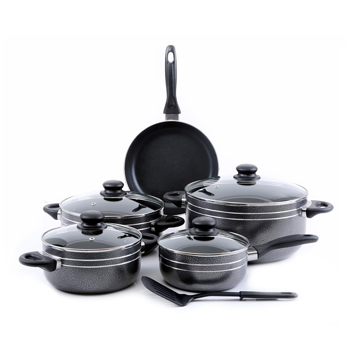 Royalford RF7065 10 Pcs Non-Stick Cookware Set - Heat Resistant Handles Scratch Resistant, Tempered Glass Lids, Uniform Heat, Bakelite Knobs