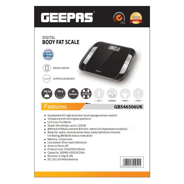 Geepas GBS46506UK  Body Fat Bathroom Scale - Smart High Accuracy Digital Weighing Scales for Body Weight, BMI Visceral Body Fat Rating, Muscle Mass, Body Hydration, Water & Bone Mass - 2 Year Warranty