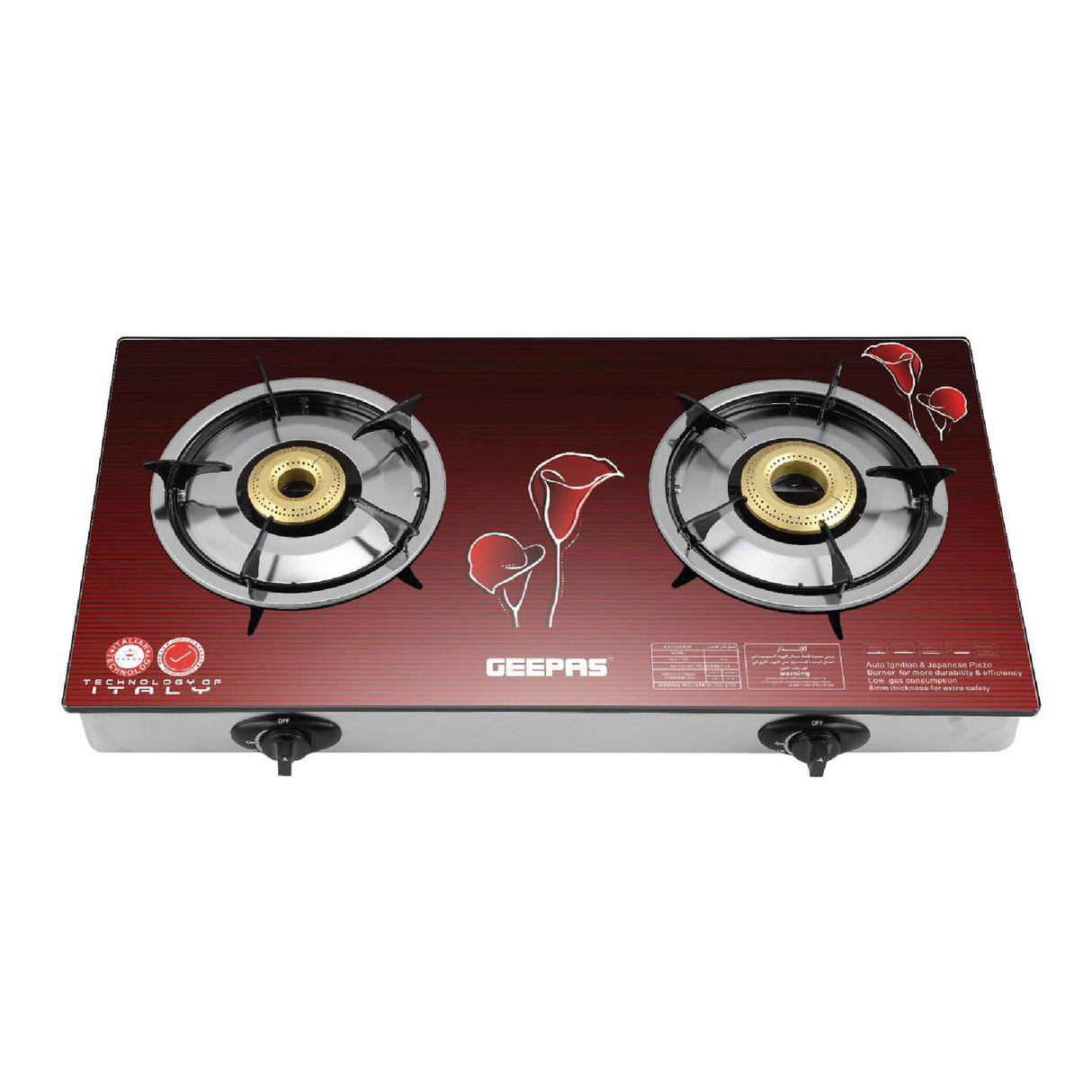 Geepas Glass Top Gas Cooker GK5602 |2 High-Efficiency Burners |8mm Thick Tempered Glass Top |Auto Ignition, Sturdy Pan Supports & Easy to Clean Design for Modern Kitchens