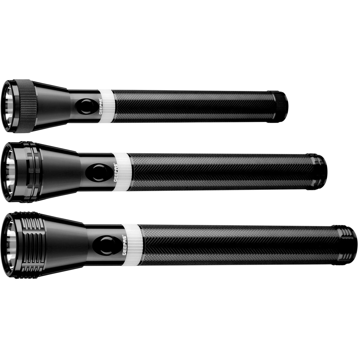 Geepas 3Pcs Rechargeable LED Flashlight 211MM - Hyper Bright White 1800 Meters Range |Ideal for Indoor & Outdoor Trekking, Campaigning & Emergency | Pocket Flashlight with Charger | 2 Years Warranty