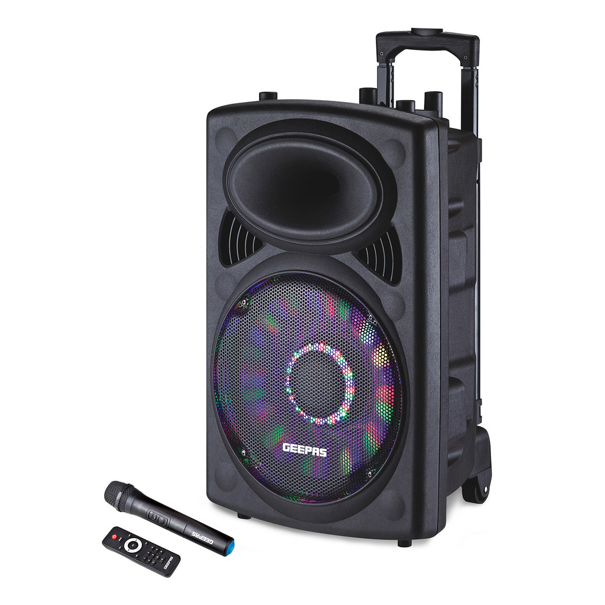 Geepas GMS8519 Rechargeable Trolley Bluetooth Speaker 40000W | 12" Woofer | with Wireless Microphones & LED Lights