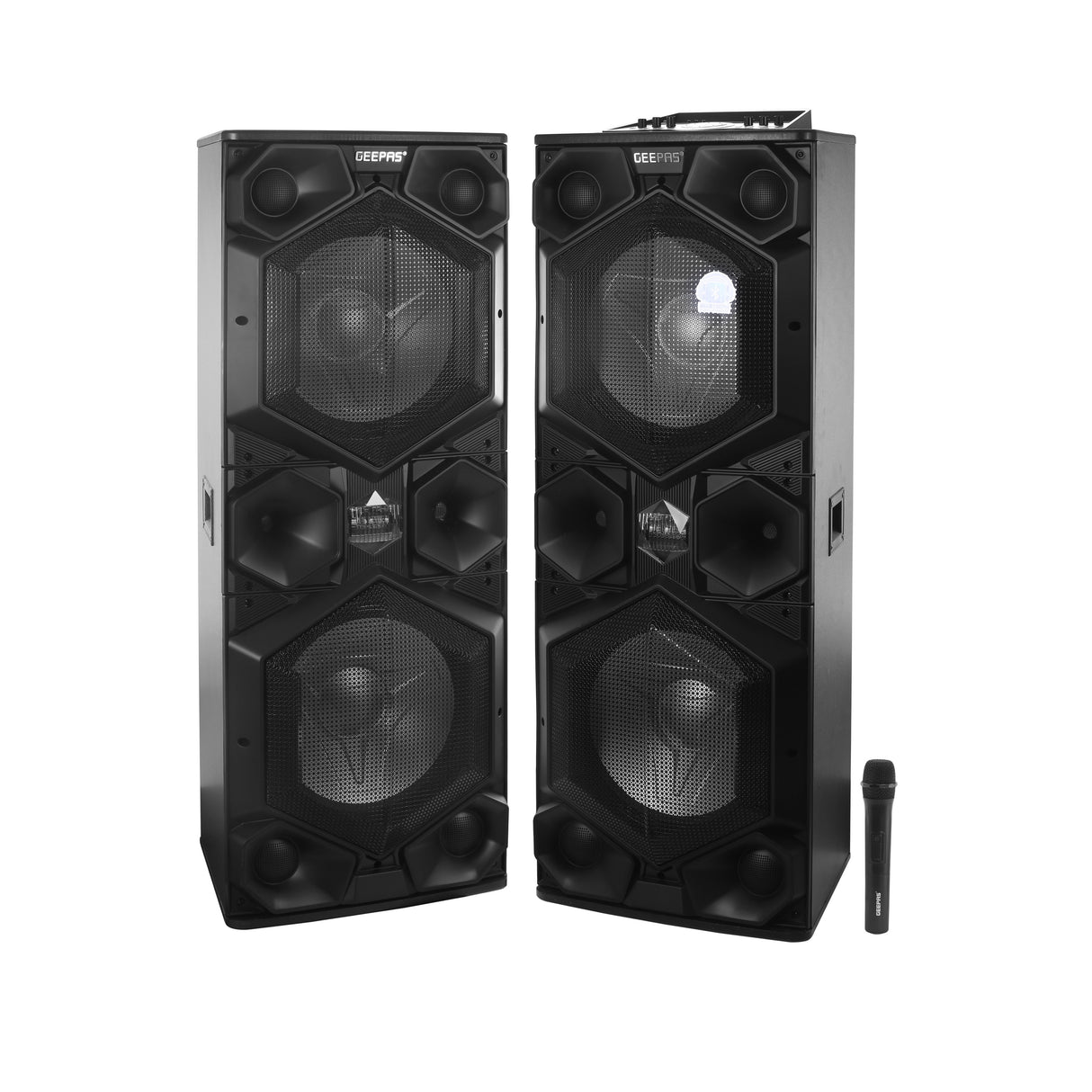 Geepas Professional Active Speaker System- Bluetooth Speaker GMS8569|Wireless Microphones, | LED Lights |Trolley Handle, USB & Auxiliary Inputs