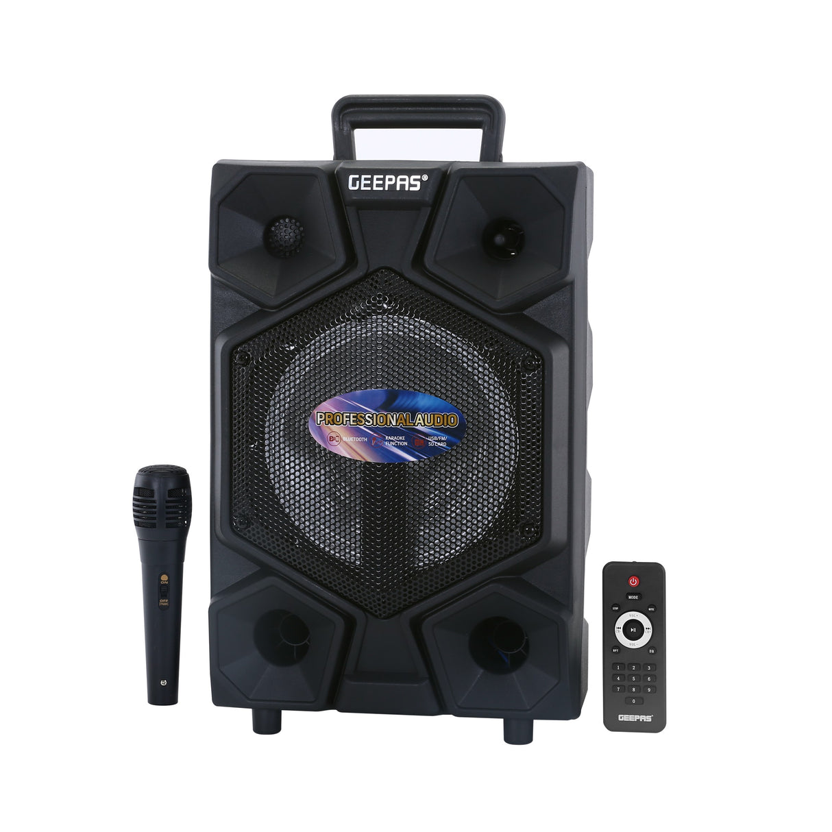 Geepas 8-Inch Trolley Bluetooth Speaker - Wireless Microphones, Battery Powered Rechargeable | Karaoke DJ Speaker with LED Lights | Portable Speaker with Trolley Handle, USB & Auxiliary Inputs | 2 Years Warranty