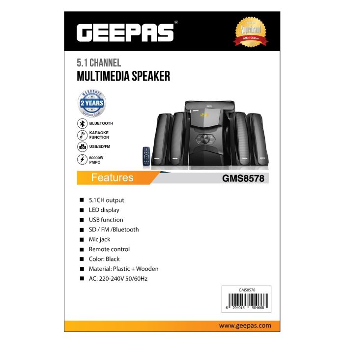 Geepas 5.1 Channel Multimedia Speaker System with Remote Control- GMS8578| FM Radio, Bluetooth, USB Input, SD Card Reader, Karaoke Function| LED Display