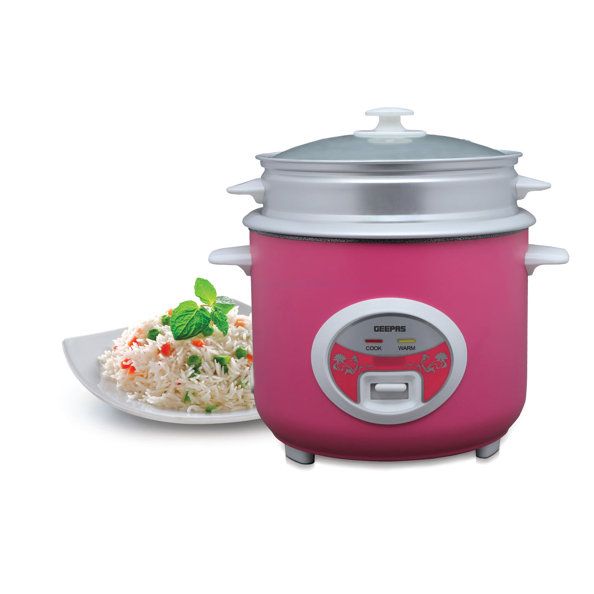 Geepas Deluxe Rice Cooker GRC4329 |1.8L Capacity | Powerful Heating |Non-Stick Inner Pot | Steamer Tray for Healthy Cooking |Cook & Keep Warm Function| 2 Years Warranty