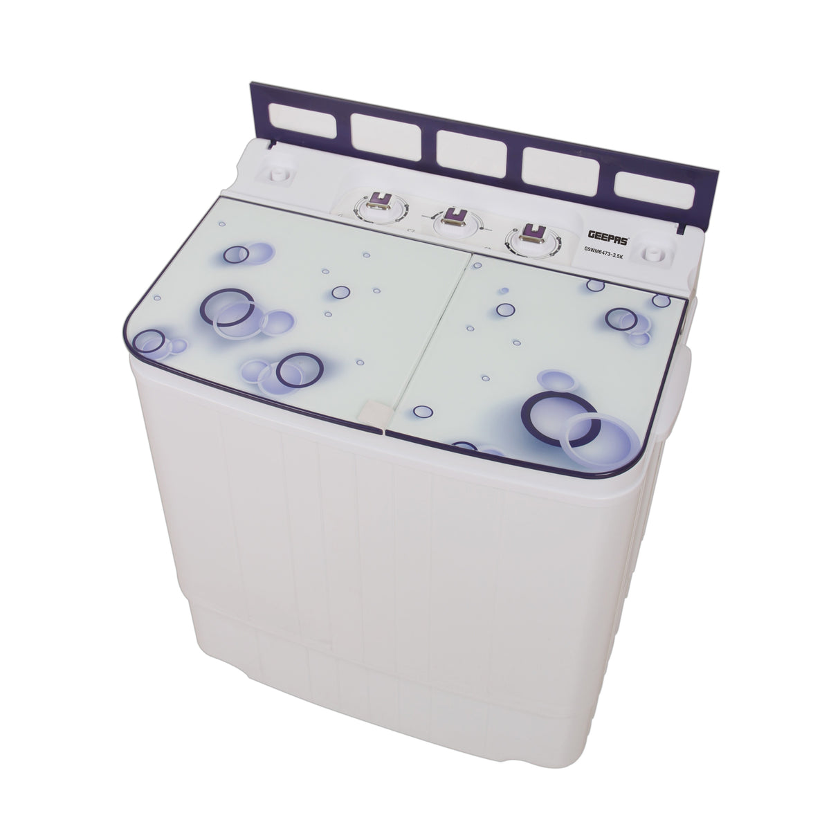 Geepas GSWM6473-3.5K Semi Automatic Mini Washing Machine | 3.5kg Wash / 1kg Spin Capacity |  360W Motor |  Tempered Glass Cover | Dual Water Inlet & Modern Design