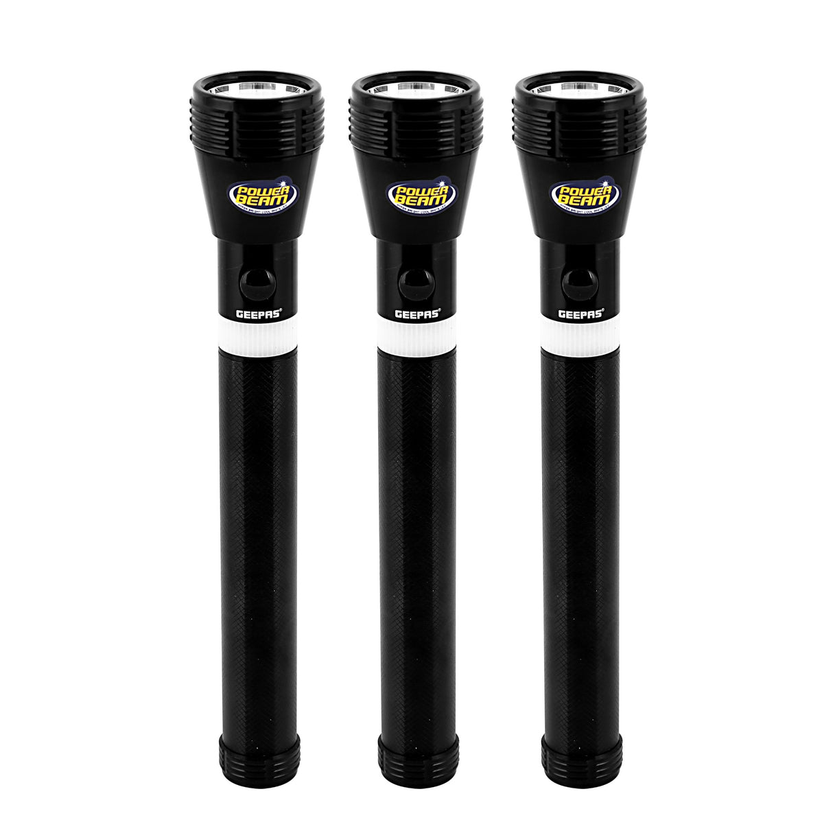 Geepas 3 IN 1 Family Pack Rechargeable Led Flashlight - Hyper Bright White 2000 Meters Range Portable Torch High Beam LED Flashlight| Water Proof Pocket Flashlight with Charger & battery