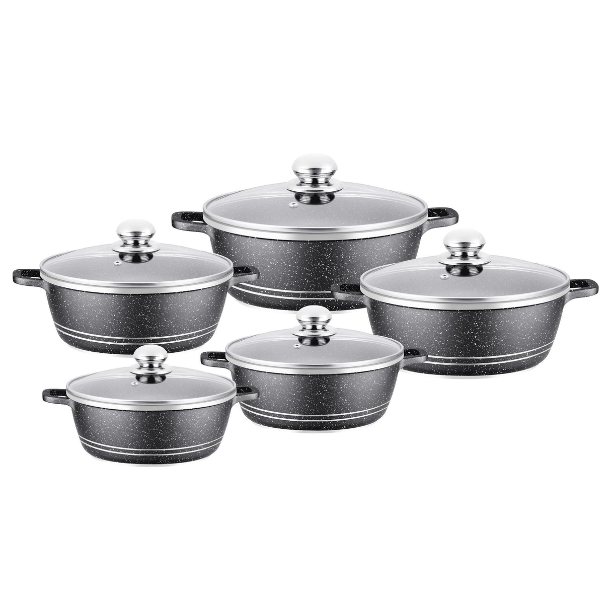 Royalford RF9699 10 Pc Die-cast Aluminium Saucepan Set - Cookware Casserole Pan set - Non-Stick Stock Pot Set with 2 Layer Granite Coating - Tempered Glass Lids & Heat-Resistant Handles - Oven Safe