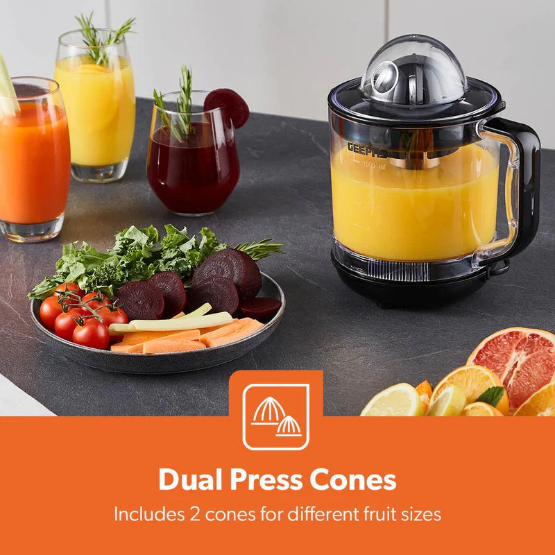 Geepas GCJ9900 Citrus Juicer | 1.0L Large Capacity | Two-Way Rotation for Maximum Extraction | Durable Copper Motor | 25W Power | Easy to Clean |  2 Years Warranty