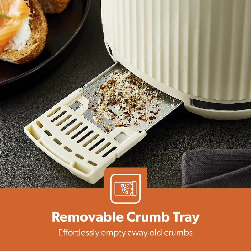 Geepas Fluted Bread Toaster GBT36558UK-CR – 2 Slice, 6 Browning Levels, Removable Crumb Tray, Defrost & Reheat, Ideal for All Bread Types, 2-Year Warranty, Cream