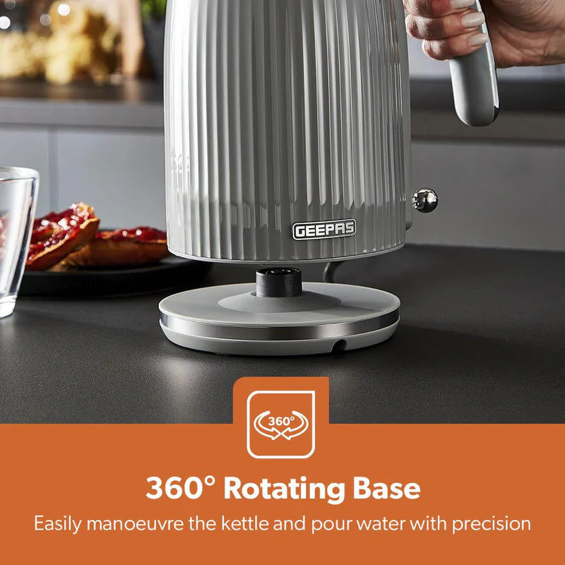 Geepas 1.7L Fluted Grey Jug Kettle GK38068UK-GR | 3000W Rapid Boil | 360° Cordless Base | Auto Shut-Off & Boil-Dry Protection | Elegant Design | 2 Years Warranty