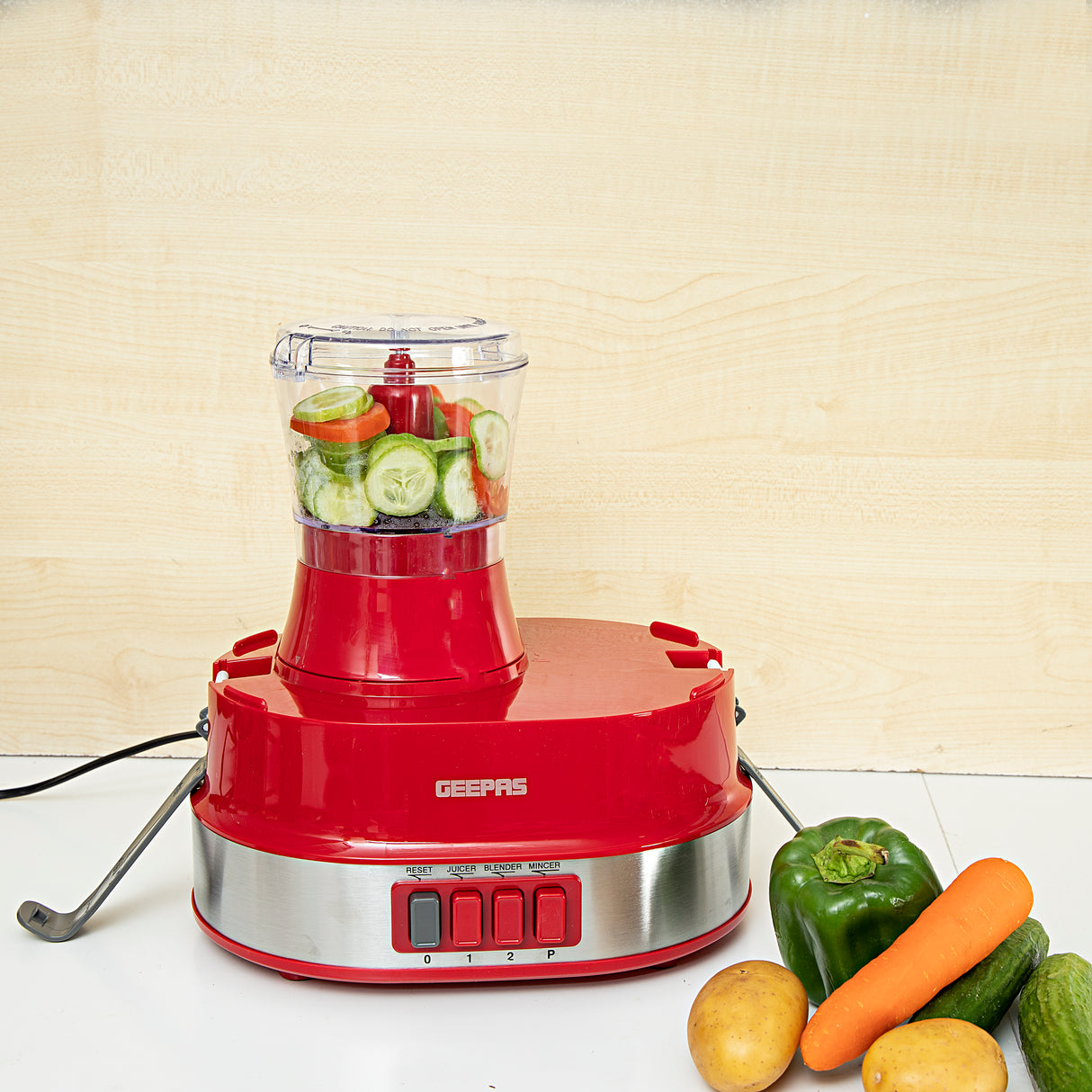 Geepas GSB9990 4-in-1 Food Processor Electric Blender & Juicer | 2 Speed with Pulse & Safety Interlock| Multi-Functional  Juicer & Blender| Coffee Grinder & Mill Included