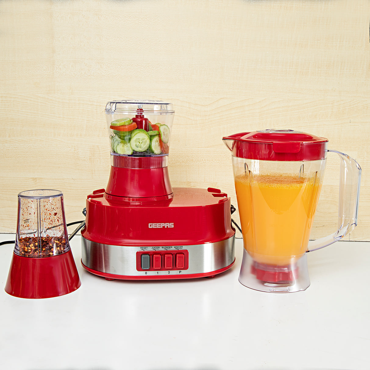 Geepas GSB9990 4-in-1 Food Processor Electric Blender & Juicer | 2 Speed with Pulse & Safety Interlock| Multi-Functional  Juicer & Blender| Coffee Grinder & Mill Included