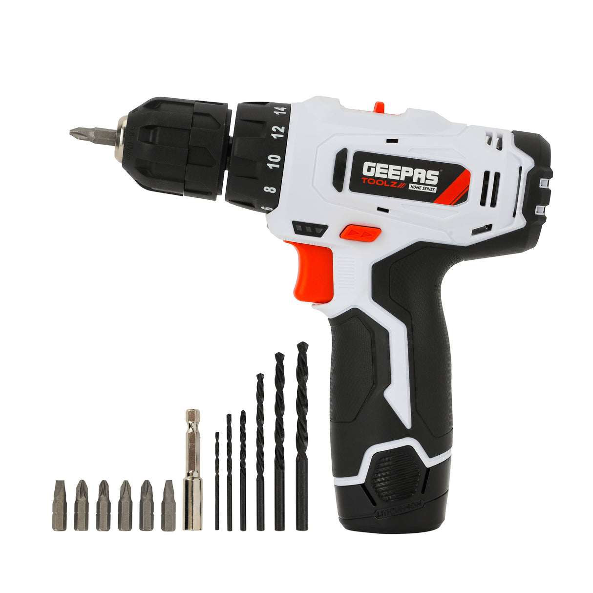 Geepas 12V Cordless Drill- GCD7628/ Chuck Size 10 mm, Perfect For Home and Business, Comfortable Grip, Ergonomic Design/ Includes Accessories, Battery and Charger/ White