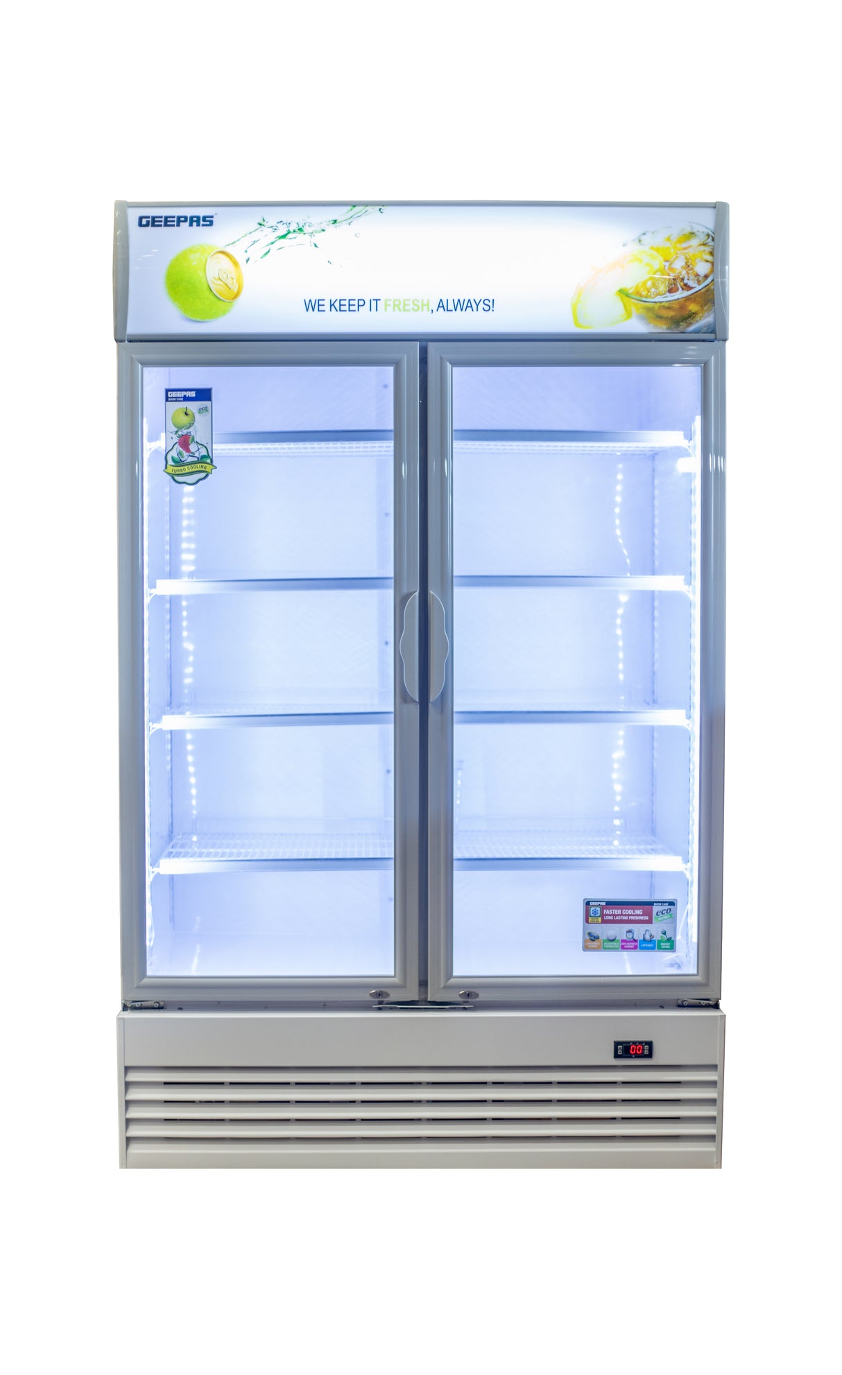 Show Case Chiller, 1100L Capacity, Auto Defrost, GSC1100DN | Digital Controller & Temperature Display | Canopy LED Light With Switch, Replaceable Door Gasket, No Frost | Lock and Key