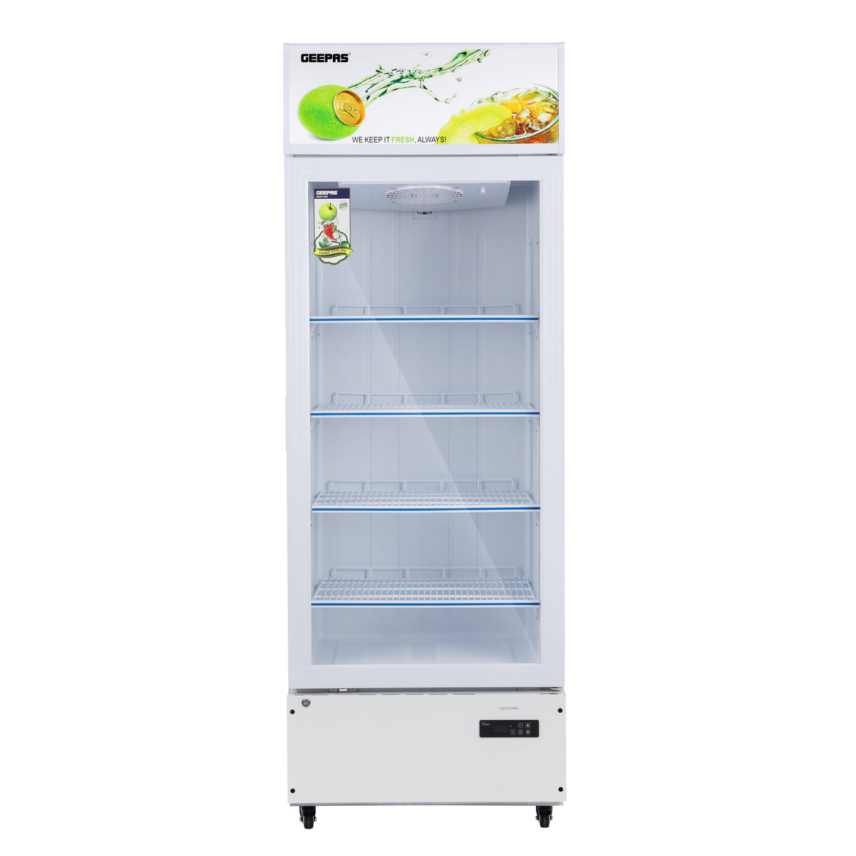 Geepas 500 Liters Showcase Chiller- GSC5004RN/ with LED Digital Temperature Controller, Fan Cooling, Equipped with Shelves and Wheels