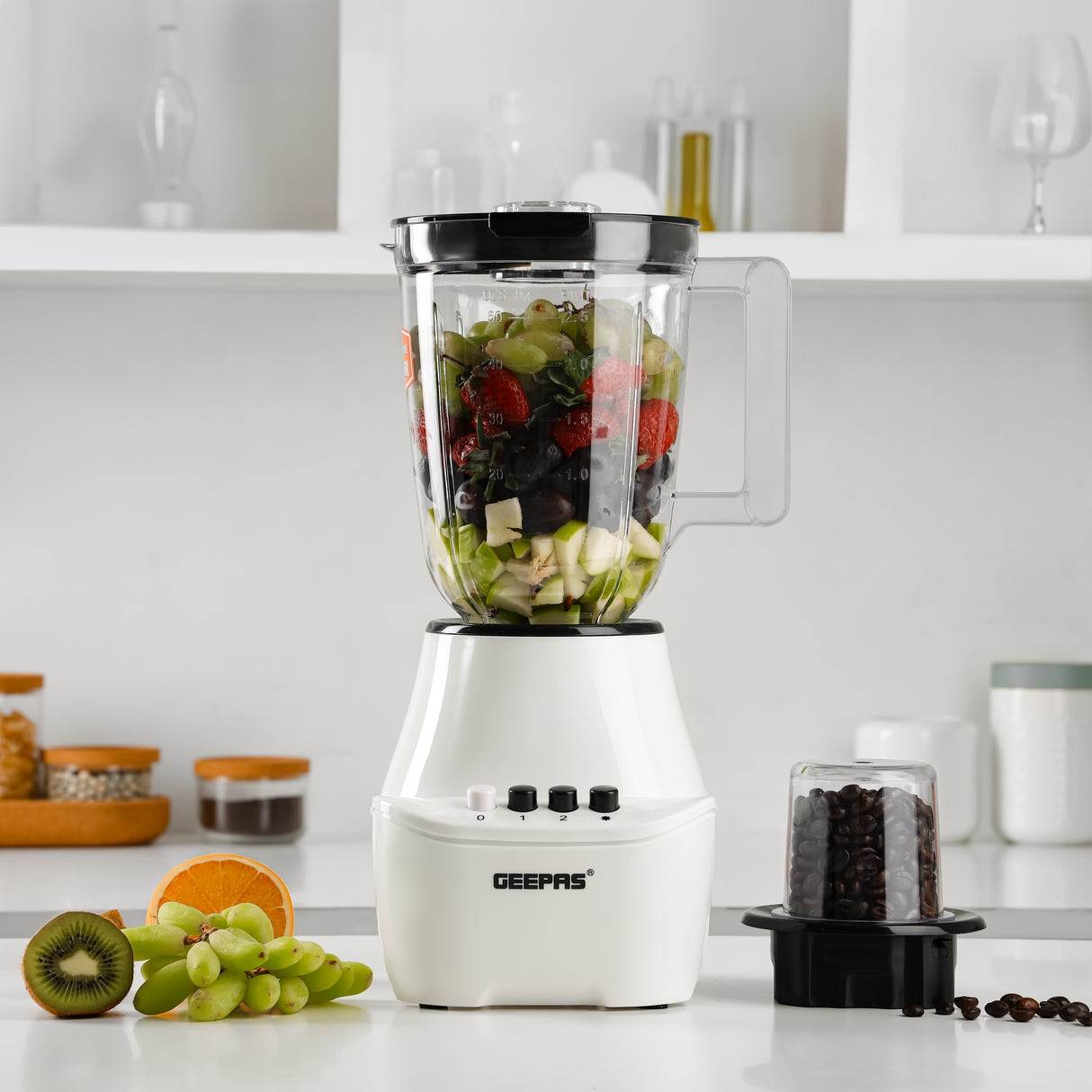 Geepas GSB5409 2-in-1 Blender | 250W | Stainless Steel Blades| 4 Speed Control with Pulse| Overheat Protection| Multi-Function Ice Crusher, Chopper, Coffee Grinder & More