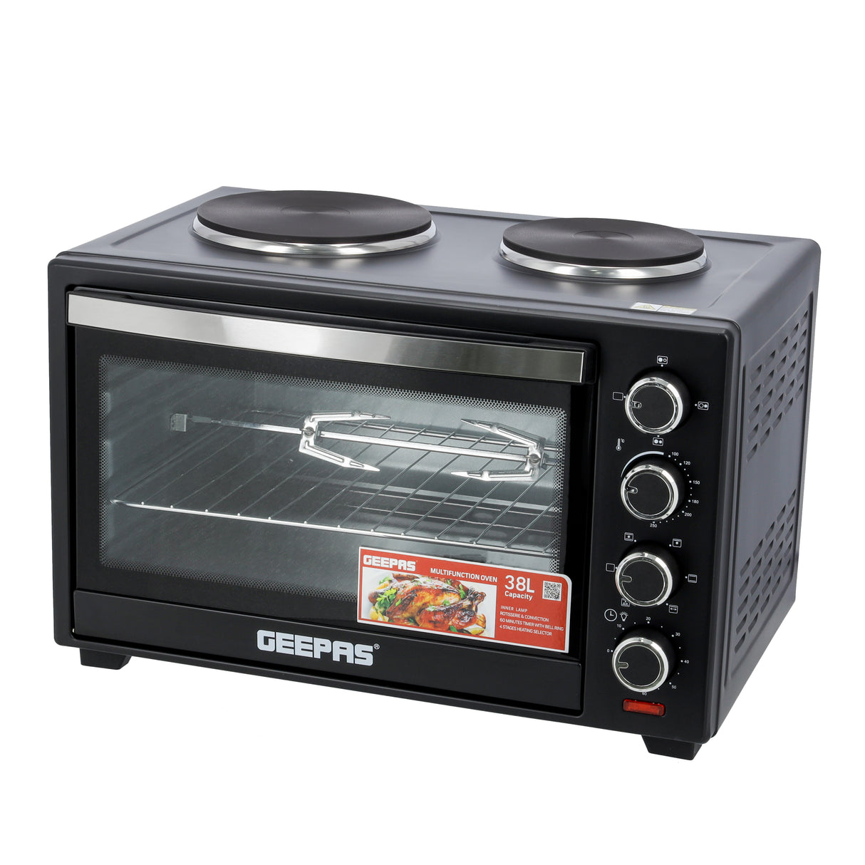 Geepas Electric Oven GO34052 | 38L Capacity | 1600W Power with Dual Hot Plate | Convection & Rotisserie Function | Adjustable Temperature Control | Efficient Design