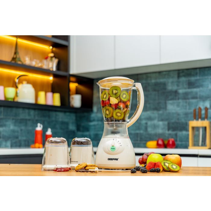 Geepas 400W | 3 in 1 Multifunctional Blender | Safety lock | Stainless Steel Blades| 4 Speed with Pulse | 1.5L Jar| Over Heat Protection | Coffee Grinder & Smoothie Maker