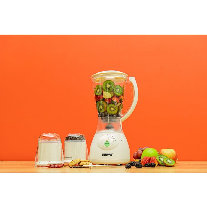 Geepas 400W | 3 in 1 Multifunctional Blender | Safety lock | Stainless Steel Blades| 4 Speed with Pulse | 1.5L Jar| Over Heat Protection | Coffee Grinder & Smoothie Maker
