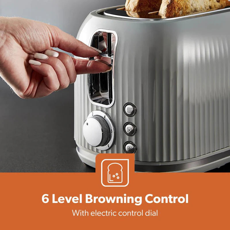Geepas Fluted Bread Toaster- GBT36558UK-GR/ 2 Slice Slot, with 6 Adjustable Browning Control and Removable Crumb Tray, Defrost and Reheat Button/  2 Years Warranty, Grey