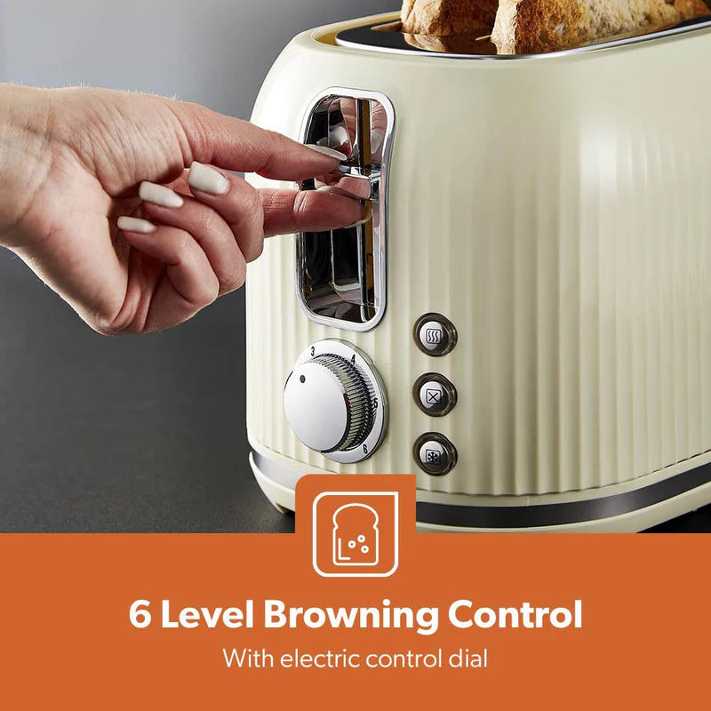 Geepas Fluted Bread Toaster GBT36558UK-CR – 2 Slice, 6 Browning Levels, Removable Crumb Tray, Defrost & Reheat, Ideal for All Bread Types, 2-Year Warranty, Cream
