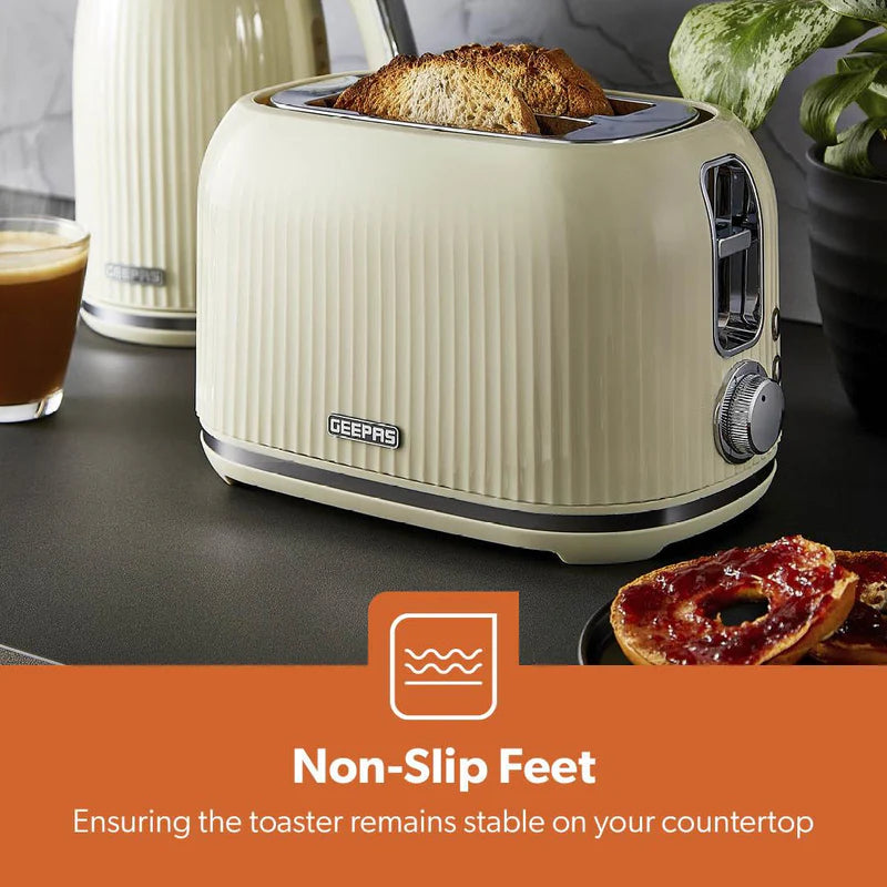 Geepas Fluted Bread Toaster GBT36558UK-CR – 2 Slice, 6 Browning Levels, Removable Crumb Tray, Defrost & Reheat, Ideal for All Bread Types, 2-Year Warranty, Cream
