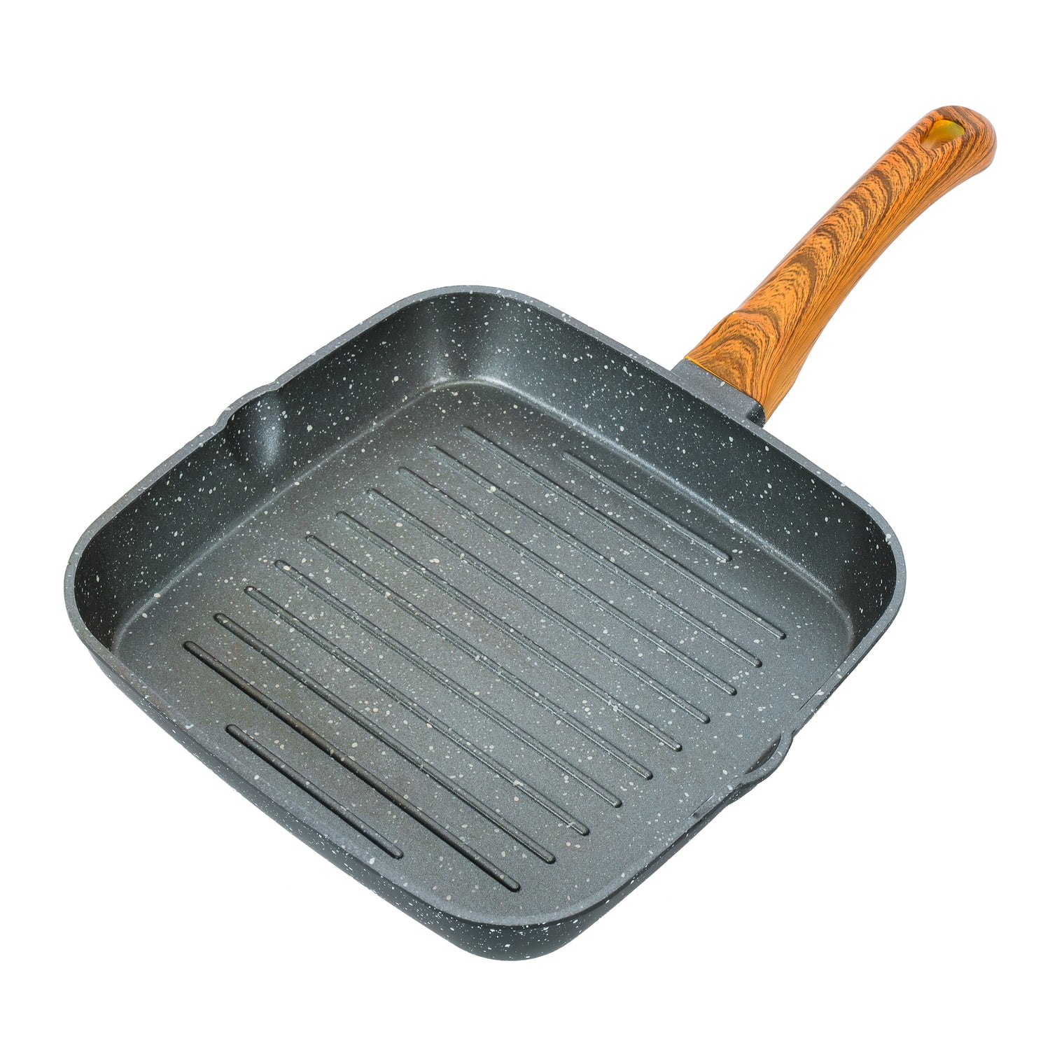 Square Grill Pan, Granite Coated Die-Cast Aluminium, RF10764 | 2 Pouring Spouts | 24cm Non-Stick Cookware Fry Pan | Strong Wood-finish Bakelite Handle | 4mm Thickness