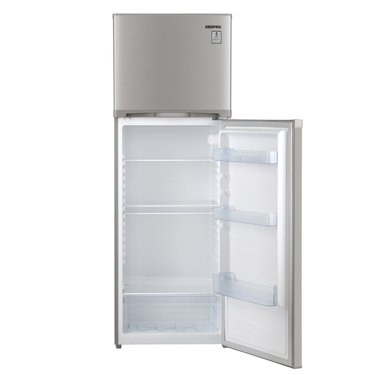 Geepas Defrost Double Door Refrigerator- GRF3500SXE/ Quick Cooling, Low Noise, Adjustable Thermostat/ Equipped with Glass Shelves, Big Crystal Drawer, Silver