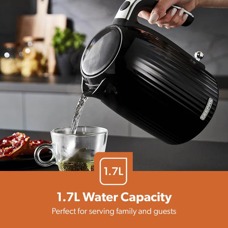Geepas 1.7L Fluted Black Jug Kettle GK38068UK-BK |  3000W Rapid Boil | 360° Cordless Base | Auto Shut-Off & Boil-Dry Protection | Elegant Design | 2 Years Warranty