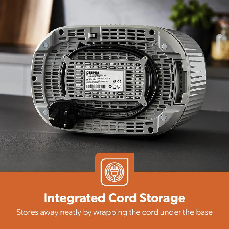 Geepas Fluted Bread Toaster- GBT36558UK-GR/ 2 Slice Slot, with 6 Adjustable Browning Control and Removable Crumb Tray, Defrost and Reheat Button/  2 Years Warranty, Grey