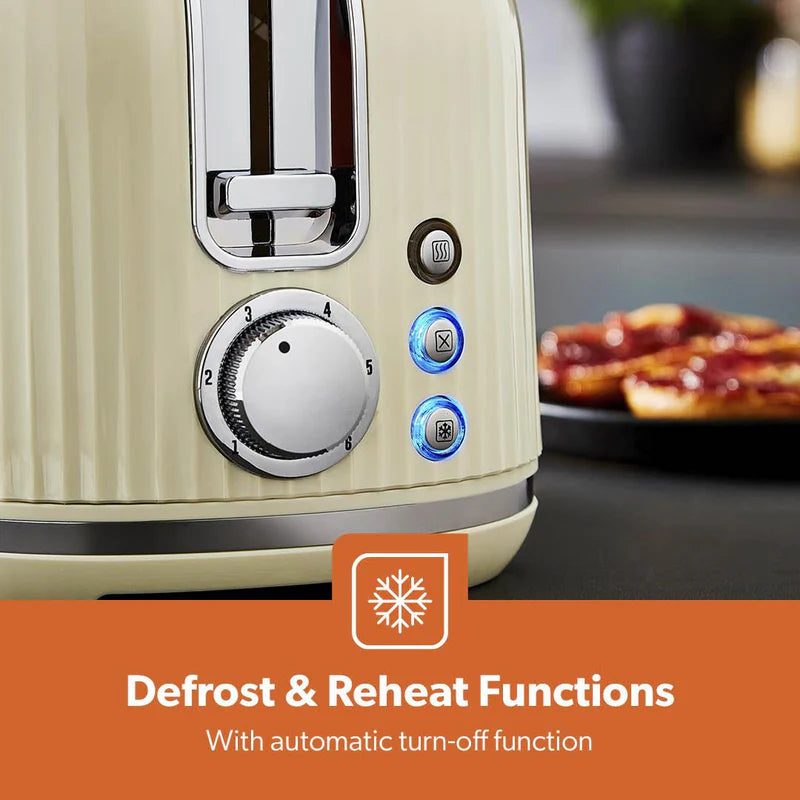 Geepas Fluted Bread Toaster GBT36558UK-CR – 2 Slice, 6 Browning Levels, Removable Crumb Tray, Defrost & Reheat, Ideal for All Bread Types, 2-Year Warranty, Cream