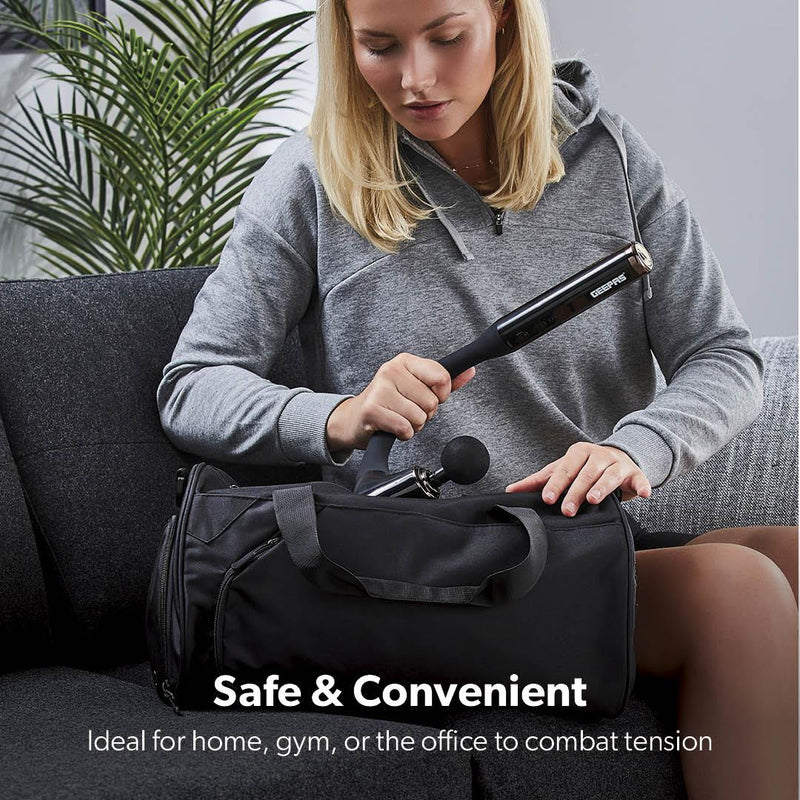 Geepas GM86093UK Curved Long Handle Massage Gun| 5-Speed Brushless Motor Massager with 4 Heads| LED Indicators & 15-Min Timer for Deep Muscle Relaxation| 2 years warranty