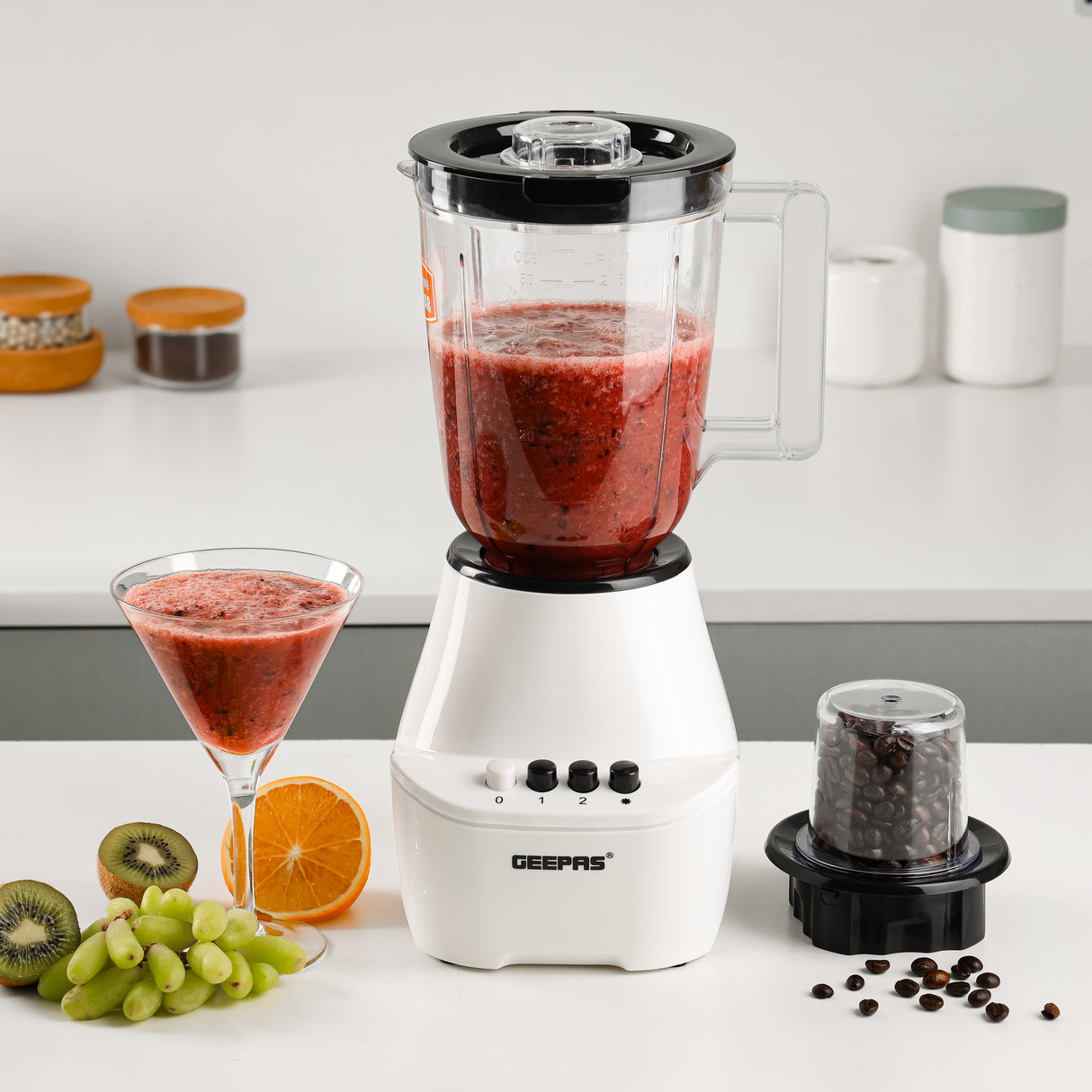 Geepas GSB5409 2-in-1 Blender | 250W | Stainless Steel Blades| 4 Speed Control with Pulse| Overheat Protection| Multi-Function Ice Crusher, Chopper, Coffee Grinder & More